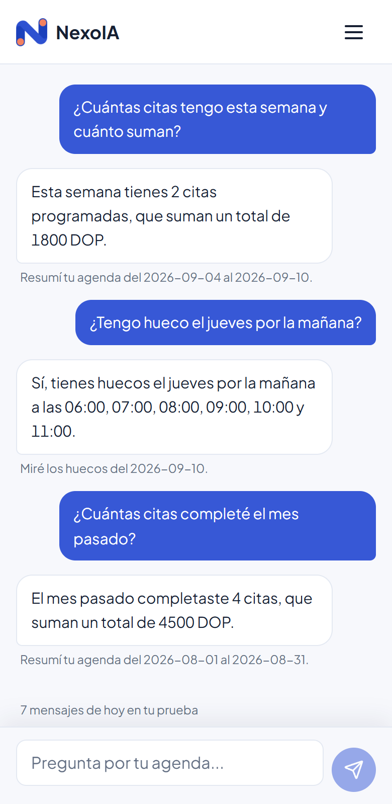 Conversación con el Asistente IA en un teléfono: responde cuántas citas hay esta semana y cuánto suman, si queda hueco el sábado por la tarde y cuántas citas se completaron el mes pasado. Bajo cada respuesta dice qué consultó para responderla.